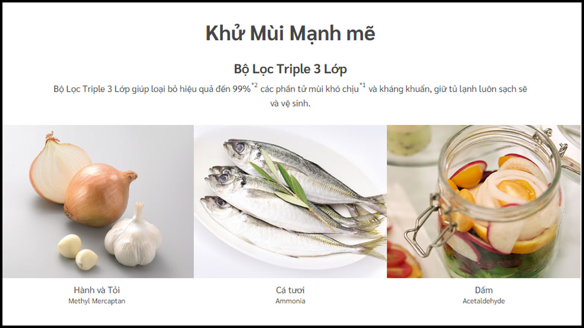 Bộ lọc Triple 3 lớp khử mùi mạnh mẽ bên trong tủ